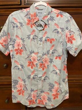 IZOD Men’s Saltwater Blue Floral Tropical Hawaiian Print Short Sleeve Shirt